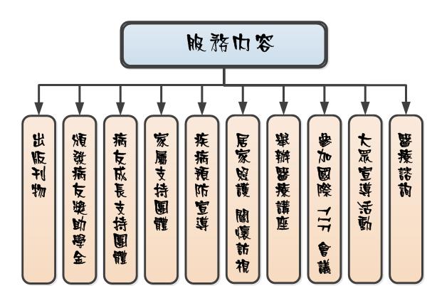 服務內容：出版刊物、頒發病友獎助學金、病友成長支持團體、家屬支持團體、疾病預防宣導、居家照護 關懷訪視、舉辦醫療講座、參加國際 TIF 會議、大眾宣導活動、醫療諮詢